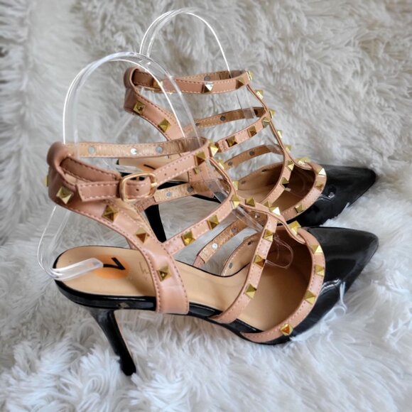 Nicole Miller Black & Nude Studded Strappy Pointed Toe Heels -US 7 - Picture 1 of 11